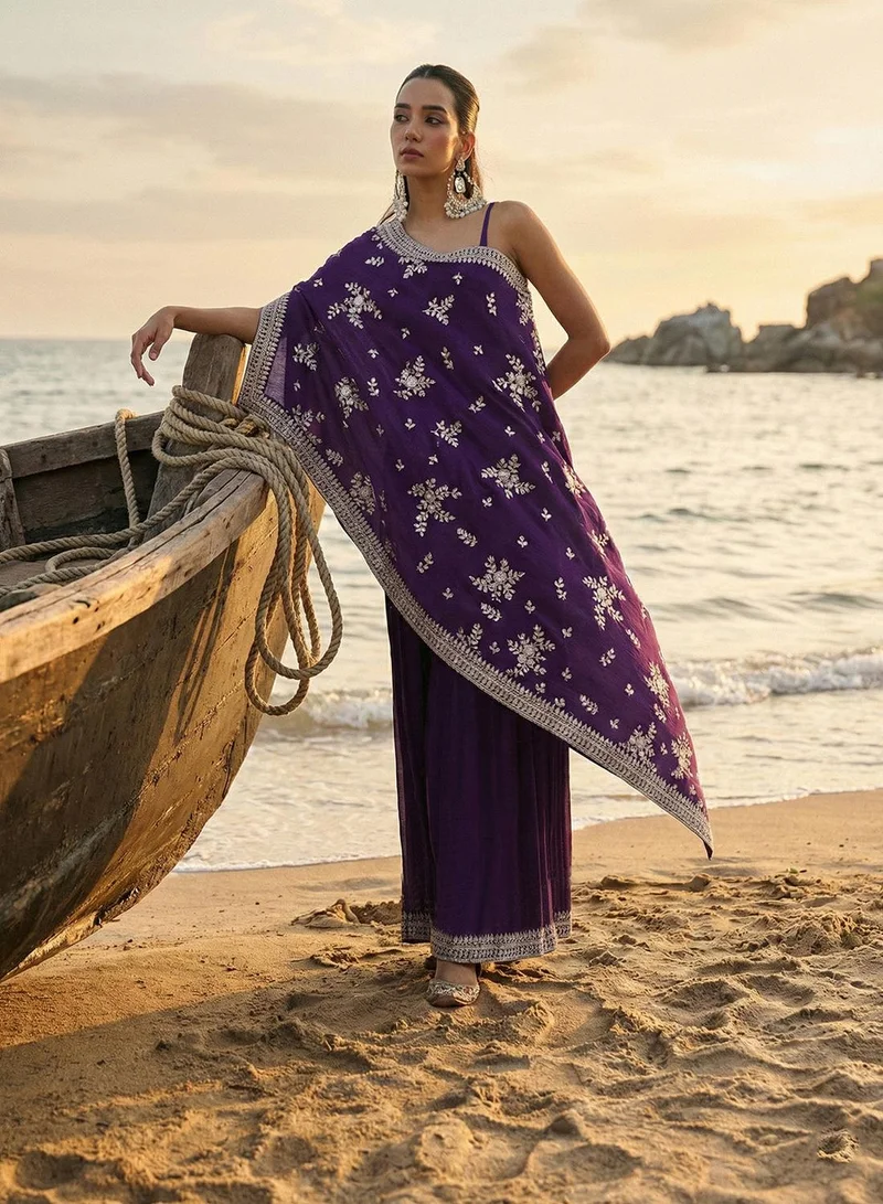 آي شين Rich Chinon Embroidered Purple Embroidered A Line Co-Ords ShararaBottom